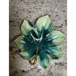 Norcrest Japan Green Leaf Trinket Dish Gold Gilt Fine China Vintage Mid Century